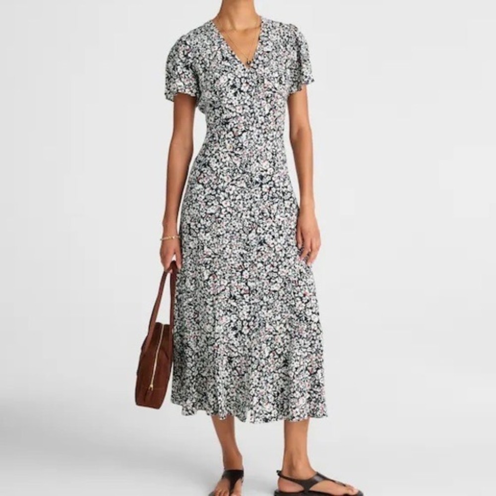NWT Madewell Button-Front‎ Flutter-Sleeve Midi Dress Floral Size 2